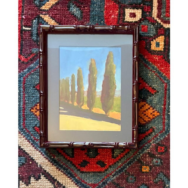 1970s European Cypress Tree Oil Painting in Custom Lacquer Bamboo-Style Italian Frame For Sale - Image 4 of 5