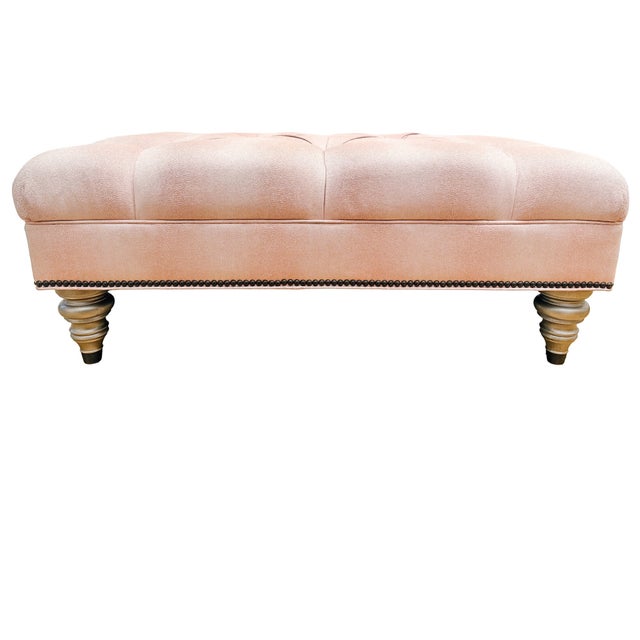 Hollywood Regency Ethan Allen Custom Tufted Pink Textured Ottoman With Nailhead Trim For Sale - Image 3 of 11