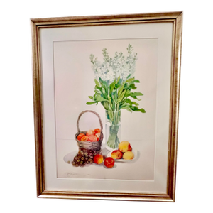 Large Framed Watercolor of Peaches “Fantin La Tour” Lithograph by Gary Alan Bukovnik, Vintage Color Trial Print