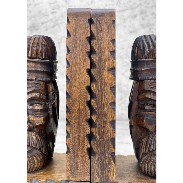Wood Mid-Century Carved Wood Figural Tiki Bookends - a Pair For Sale - Image 7 of 10