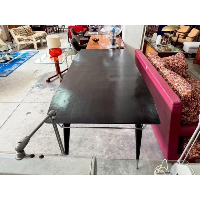Wood Black Lacquered Wood Dining Table with Conical Legs and Chrome Details, 1960s For Sale - Image 7 of 9