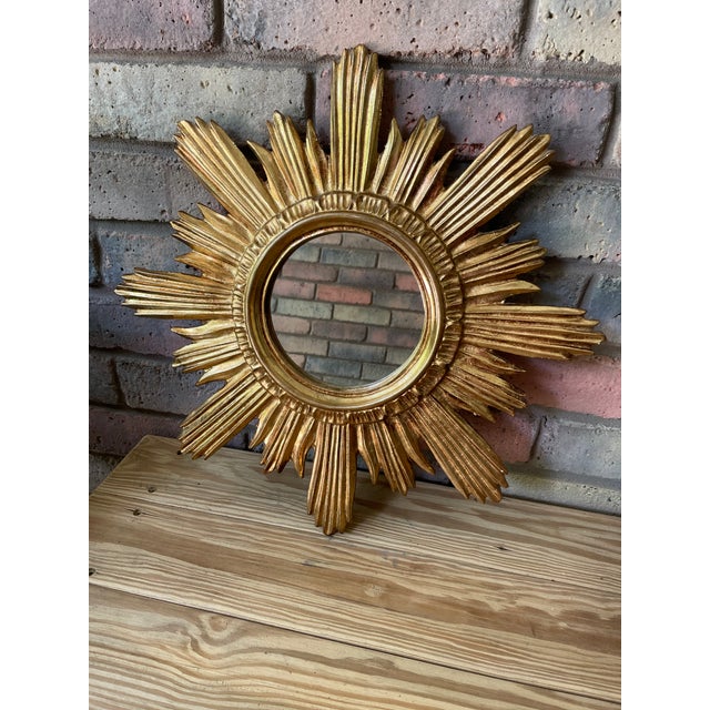 Mid 20th Century Large 18" Bright Gold Italian Giltwood Sunburst Wall Mirror For Sale - Image 10 of 15
