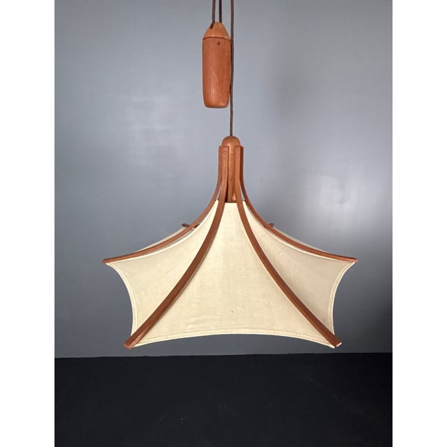 Teak and Linen Umbrella Pendant Lamp attributed to Domus, 1970s For Sale - Image 10 of 15
