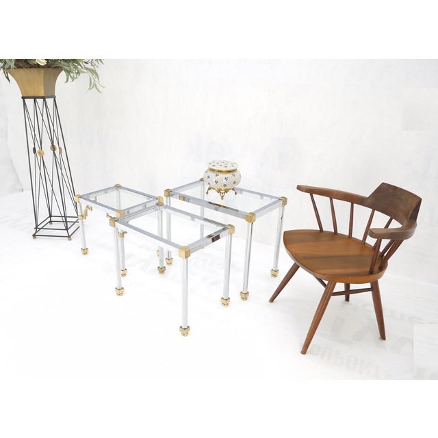 Mid-Century Modern Set of 3 Chrome & Brass Glass Tops End Nesting Side Lamp Tables MINT For Sale - Image 3 of 15