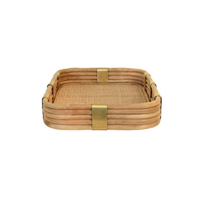 2020s Matthew Izzo Home Barley Rectangular Rattan and Brass Detail Serving Tray For Sale - Image 5 of 8