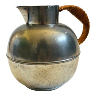 Mid Century Pewter Pitcher With Wicker Wrapped Handle by w.s. Co., Usa For Sale