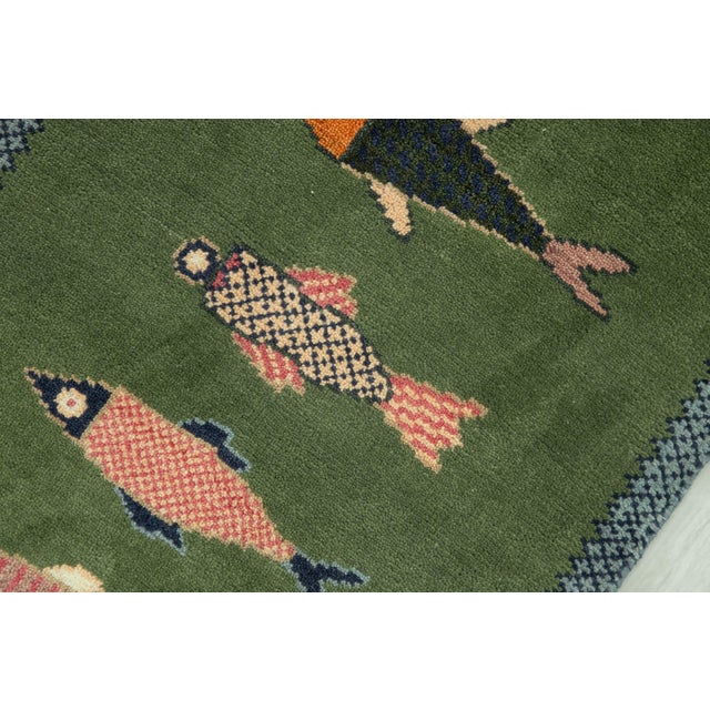 Textile Koi Fish Olive Green Hand Knotted Runner Rug 2.6x6Ft. For Sale - Image 7 of 18