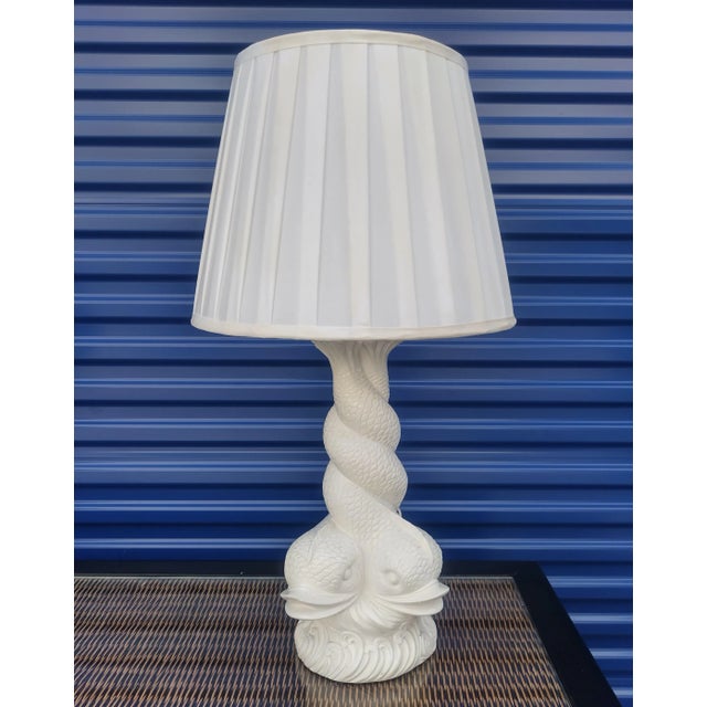 Vintage Double Koi Fish Glazed White Ceramic Table Lamp With Shade For Sale In West Palm - Image 6 of 8