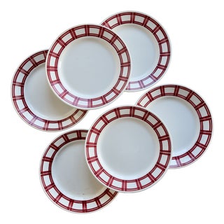 Earthenware Dinner Plates with Red Geometric Decor from Badonviller, 1970s, Set of 6 For Sale