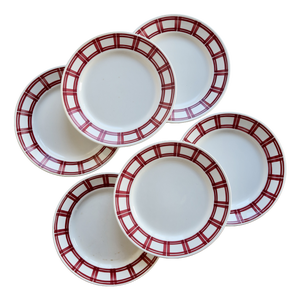 Earthenware Dinner Plates with Red Geometric Decor from Badonviller, 1970s, Set of 6