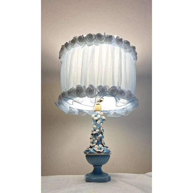 1970s Vintage Table Lamp with Blue Ceramic Base with White Flowers and a Handmade Fabric Shade from Lamplove, 1970s For Sale - Image 5 of 11