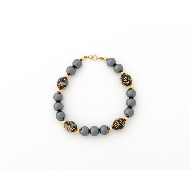 14k Hematite & Inlaid Onyx Bead Bracelet For Sale - Image 4 of 6