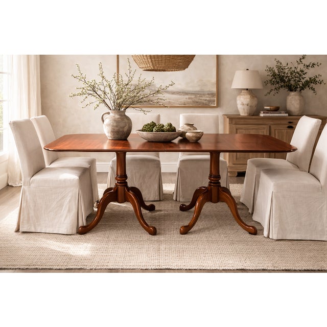 A stunning solid wild black cherry double pedestal dining table by Henkel Harris, originating from their Virginia...