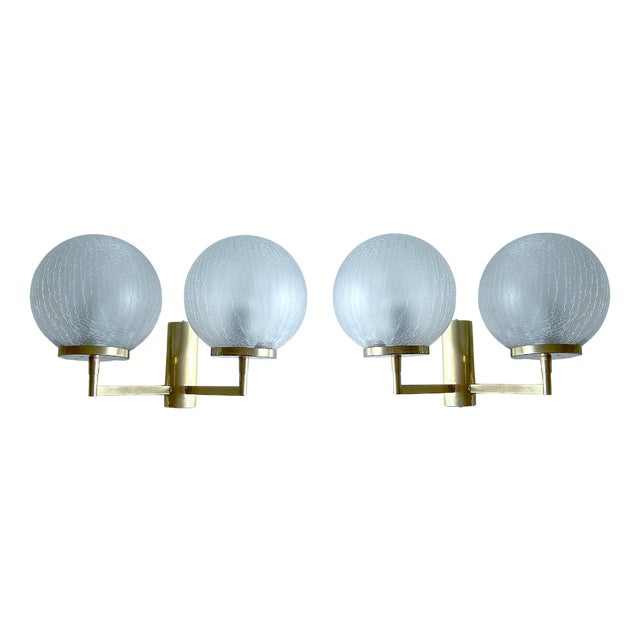 Vintage Double Glass Brass Sconces, Set of 2 For Sale
