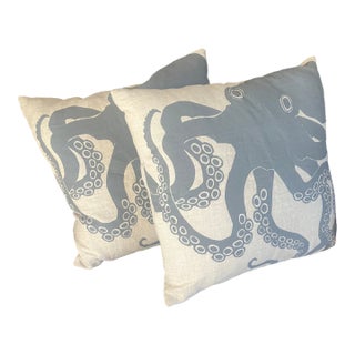 2000's Blue Octopus Linen Cushions P/2 For Sale