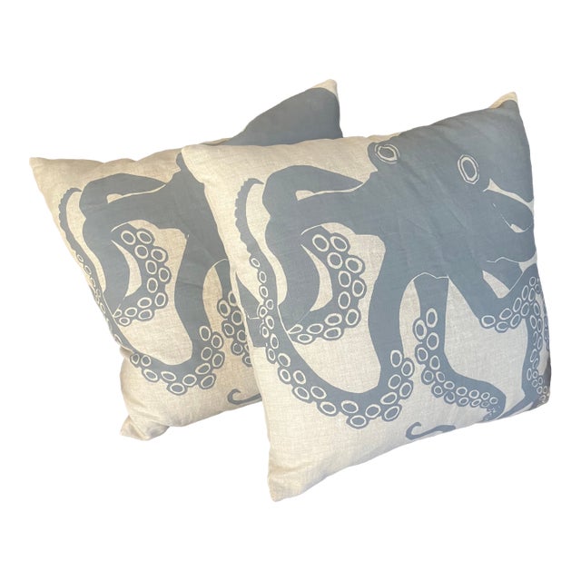 2000's Blue Octopus Linen Cushions P/2 For Sale