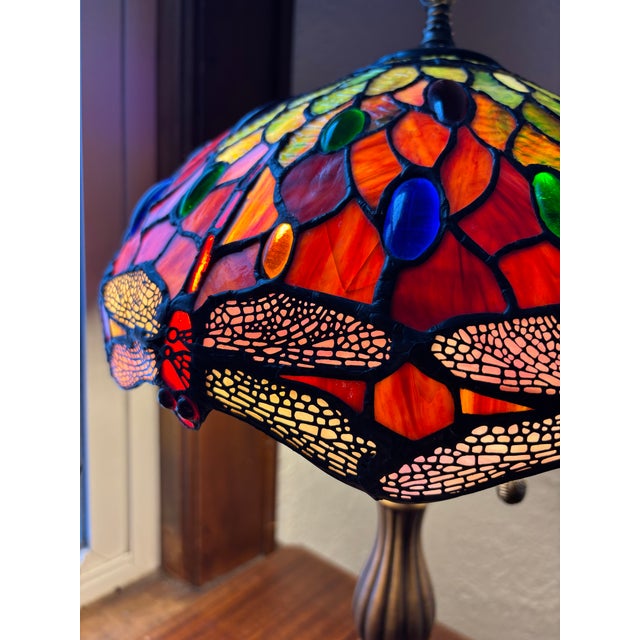 Mid 20th Century Styled After Tiffany Leaded Stained Glass Dragonfly Table Lamp For Sale - Image 10 of 11
