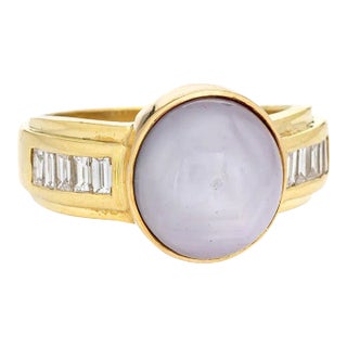 9ct Natural Star Sapphire Ring Six Point Diamond Vintage 18k Gold Blue Grey 9.5 size 9.5 For Sale