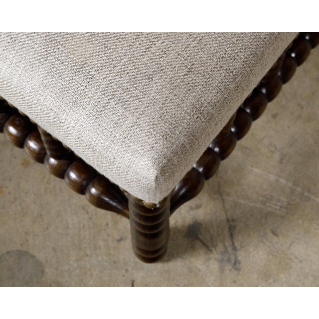 19th Century English Turned Bobbin Legs Stool with Linen Upholstery For Sale - Image 4 of 10