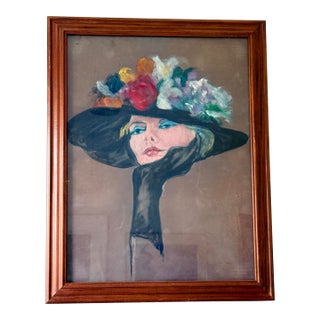 Vintage Fashion Illustration Style Pastel Portrait of Woman in Black Hat, 1980s For Sale