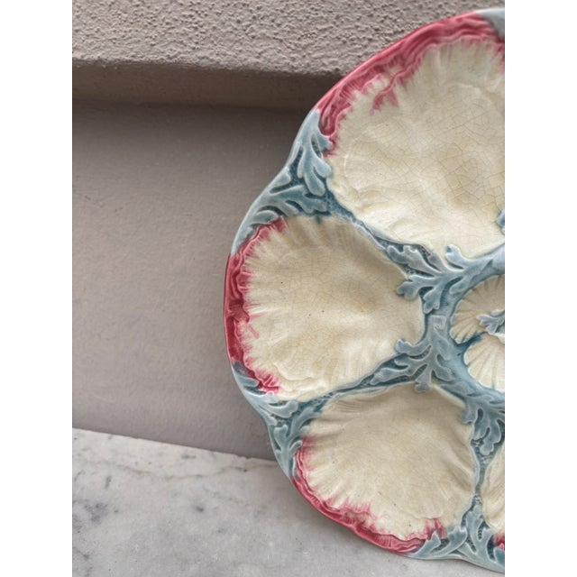 French 19th Century Majolica Pink & Blue Oyster Plate Gien For Sale - Image 3 of 4