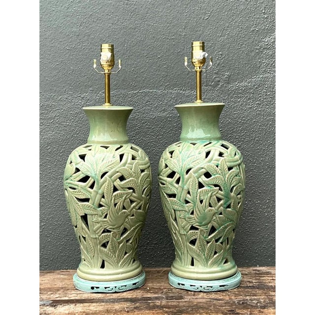 Late 20th Century Vintage Cutout Green Ceramic Table Lamps - Pair For Sale - Image 5 of 12