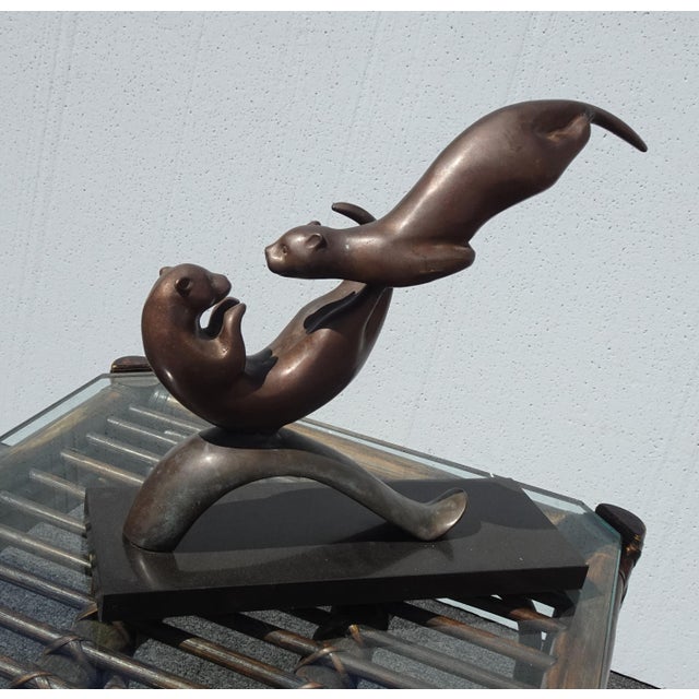 Vintage Bronze Balancing Swimming Otters Statue ~ Sculpture For Sale In Los Angeles - Image 6 of 15