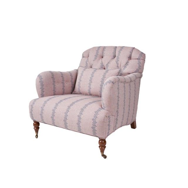 Tufted Club Chair Upholstered in Ferrick Mason Anne Rose Blue Woven For Sale - Image 4 of 7