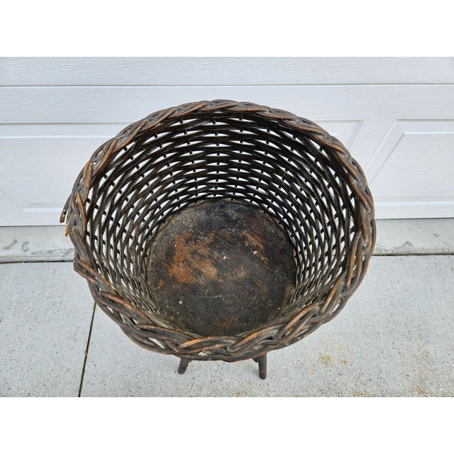 Brown 40s Round Rattan Wicker Basket Planter Spindle Legs For Sale - Image 8 of 12
