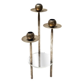 Vintage Silver-Plated Brass and Acrylic Glass Candleholder by Mesa, Italy, 1970s For Sale