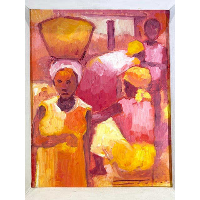 A vibrant original oil on canvas by renowned Haitian artist Dieudonné Cedor, depicting a colorful village market scene...