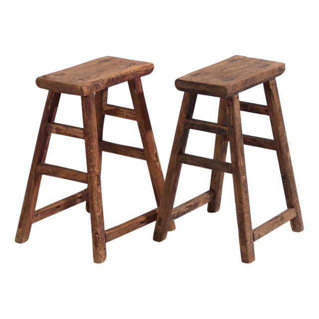 Antique Oriental Stools in Elm, Set of 2 For Sale