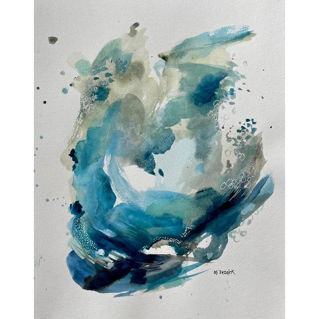 Small Abstract Ocean Watercolor in Blues and Natural Colors by Michele Zuzalek For Sale