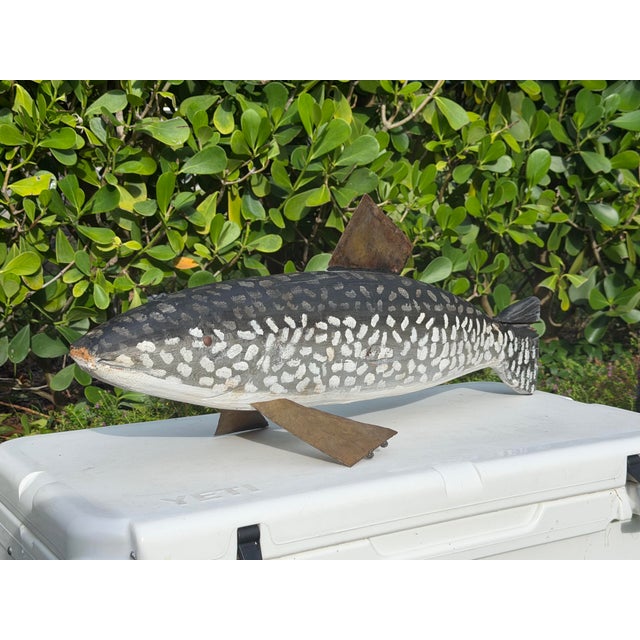 Vintage Large Hand-Carved Folk Art Fish Centerpiece With Hand-Forged Steel Fins For Sale - Image 10 of 12