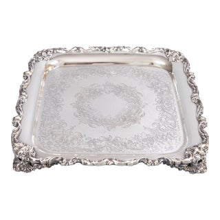 Vintage Square Silver Plate Footed Barware Serving Tray For Sale