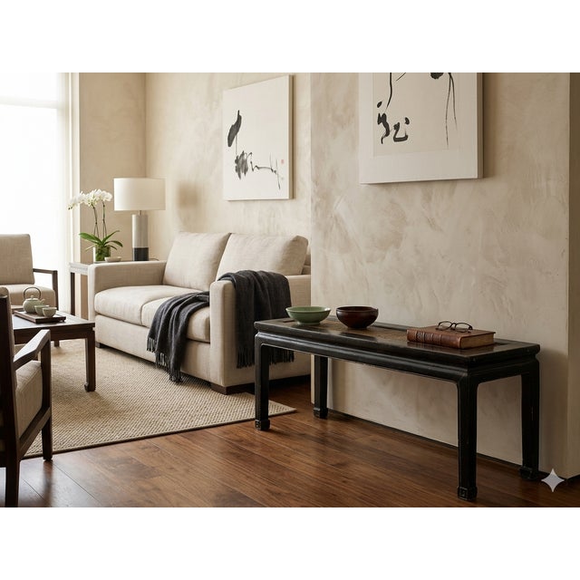 Distressed Rustic Black Lacquer Rattan Narrow Wood Bench Table For Sale - Image 11 of 11