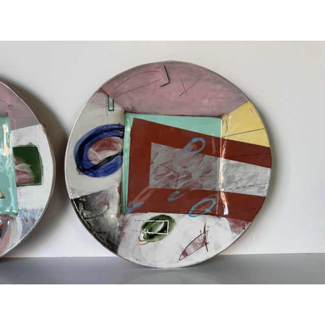 Mid-Century Modern Pair of 1980s Vintage Handmade Abstract Wall Art Ceramic Plates by Larry H. For Sale - Image 3 of 10