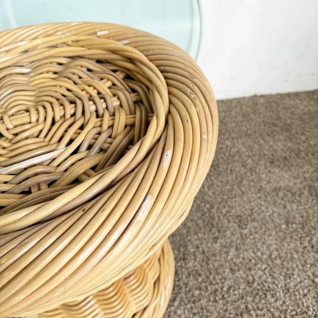 Boho Chic Bamboo Pencil Reed Wicker Glass Top Side Table For Sale - Image 4 of 8