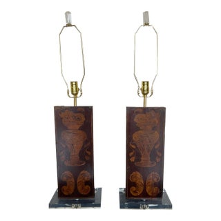 Pair Antique Marquetry Architectural Fragment Lamps W/Lucite Bases For Sale