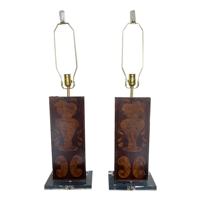 Pair Antique Marquetry Architectural Fragment Lamps W/Lucite Bases For Sale