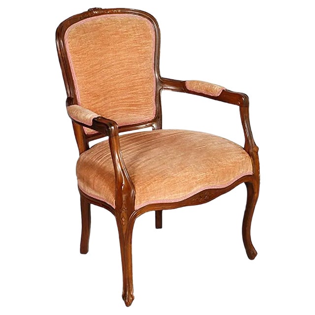 Art Nouveau Carved Walnut & Velvet Armchair For Sale