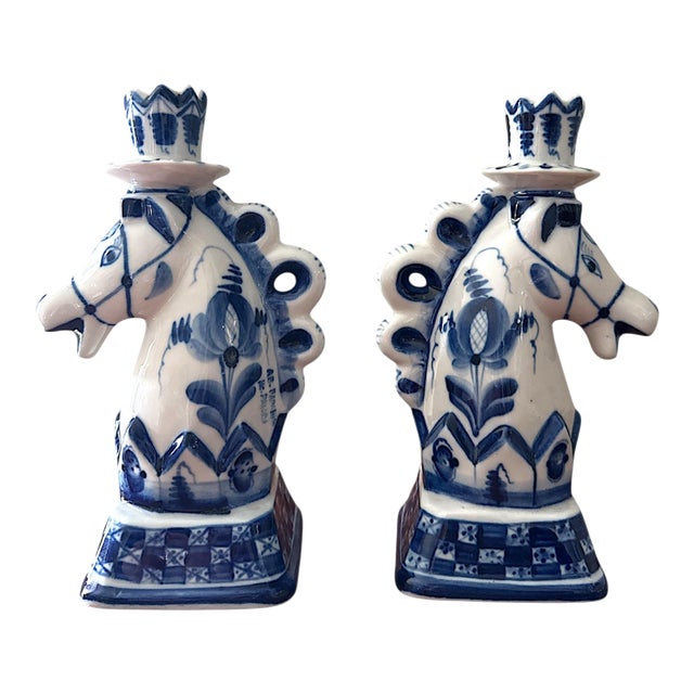 Vintage Russian Gzhel Blue & White Horse-Form Candlesticks – A Pair For Sale