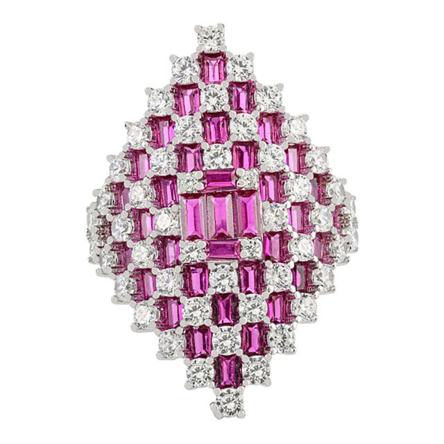 Sterling Silver Marquise Cluster Ring With Pink & Clear Cubic Zirconia Stones- Size 6 For Sale