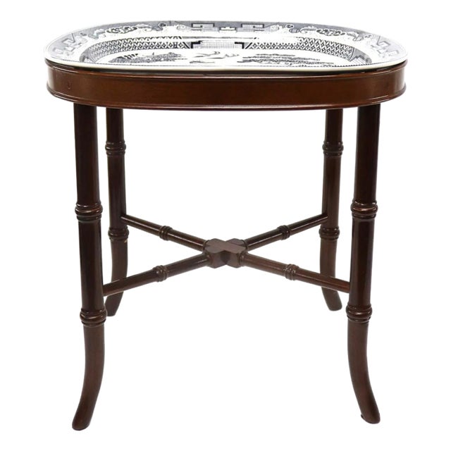 1980s Chinoiserie Platter on Faux Bamboo Stand For Sale