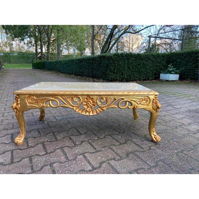 1970s Italian Baroque Gold Beech Marble Coffee Table For Sale - Image 4 of 12