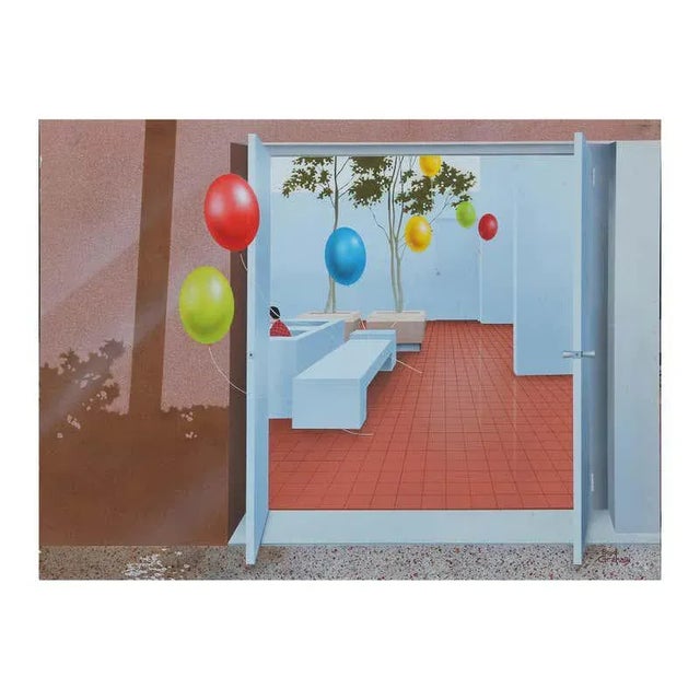 Boyd Graham Colorful Realistic Landscape Painting of Balloons Escaping a Shopping Center For Sale - Image 10 of 10