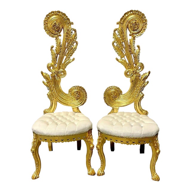 1990s Italian Baroque White Chair – High Back & Gold Leaf Details For Sale