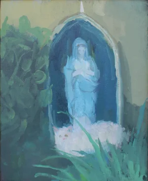 Contemporary White Cat + Virgin Mary Painting Print by Michelle Farro