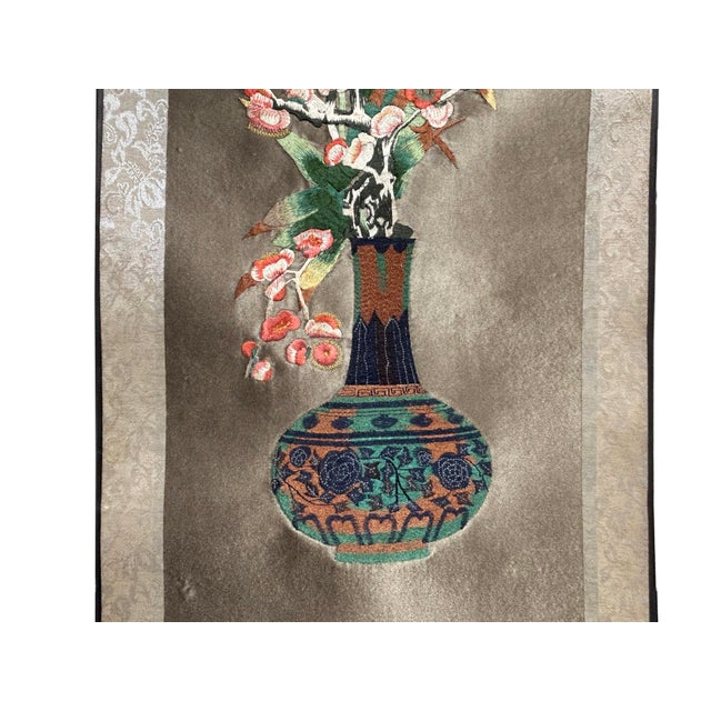 Chinese Flower Vase Embroidery Scroll Painting Wall Art For Sale - Image 4 of 6