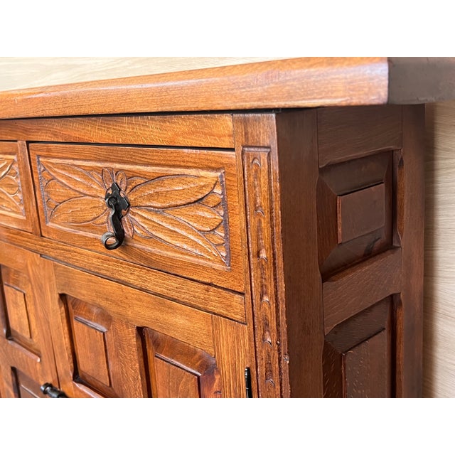 Wood 19th Spanish Narrow Baroque Carved Walnut Tuscan Two Drawer Credenza or Buffet For Sale - Image 7 of 11